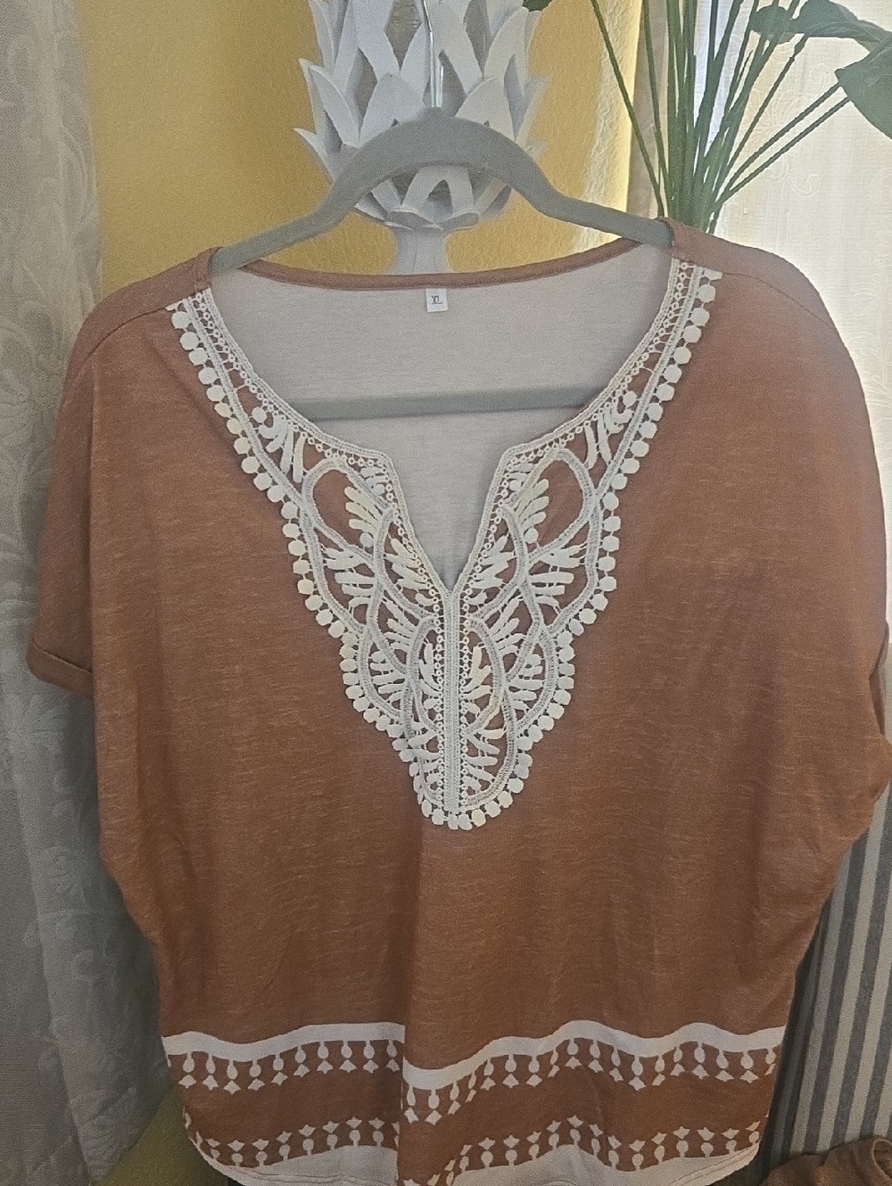 Rust Crochet-Trim Women's Top with V-Neck